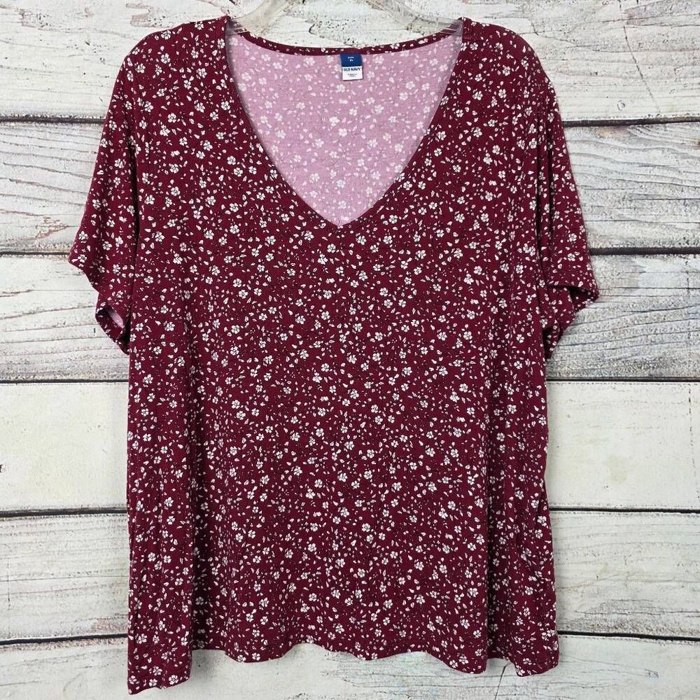 Old Navy Burgundy Floral V-Neck Short Sleeve Top XL